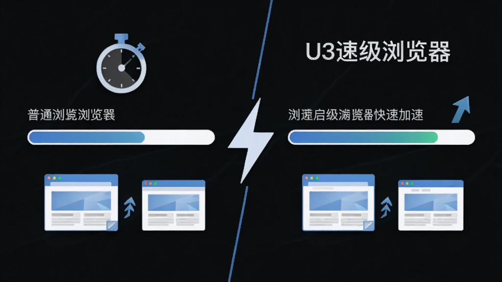 画面主体为浏览器启动速度对比示意,左侧为普通浏览器加载进度条,右侧为“U3速级浏览器”快速完成的进度条;布局为左右对比式排版,中间以闪电符号分隔;风格为简约信息图,浅蓝与白色为主色调;细节包含秒表图标、加速箭头与网页窗口缩略图;画质清晰,画面干净,无多余元素。