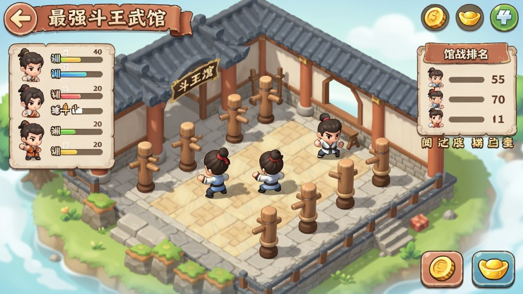 画面展示最强斗王武馆经营界面,古风武馆建筑内弟子们正在训练木桩,布局为建筑俯视图加功能按钮分布,风格为Q版经营模拟游戏界面,细节包括弟子属性面板、训练进度条、馆战排名榜、铜钱与元宝图标,画质柔和明亮,干净无冗余装饰