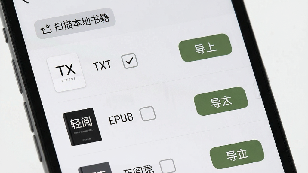 手机屏幕显示文件导入界面,界面中列出多个TXT与EPUB格式的电子书文件,每个文件旁有勾选框与导入按钮,顶部有“扫描本地书籍”字样的标签,背景为浅灰色,图标线条简洁,整体布局清晰,风格现代简约,画质干净,文字内容为“轻阅读”