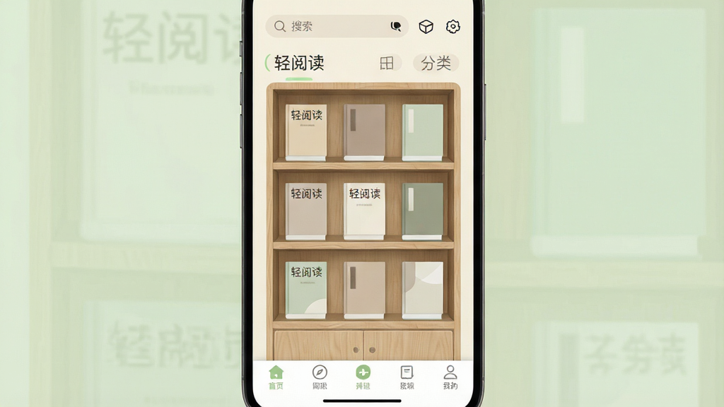 一张展示轻阅读软件主界面的手机屏幕渲染图,画面中央是简洁的木质书架造型,书架上整齐排列着几本封面素雅的电子书,顶部有搜索与分类入口,底部为导航栏,整体采用浅米色与淡绿色搭配,风格清新极简,细节干净,无多余装饰元素,画质清晰,文字内容为“轻阅读”