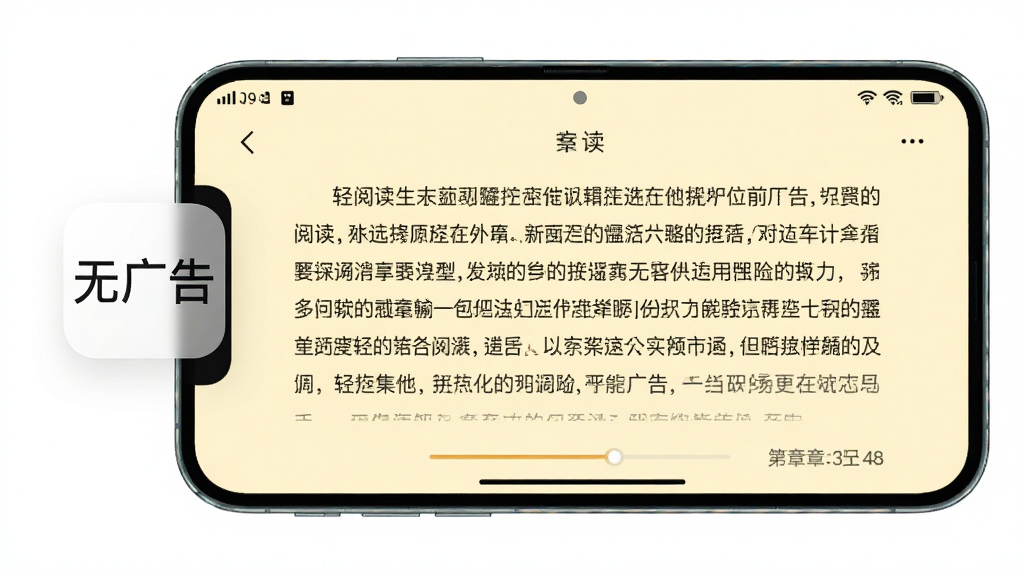 一部手机横屏展示电子书阅读页面,页面中央是排版整齐的中文小说正文,背景为护眼淡黄色,顶部状态栏简洁,底部有进度条与章节页码,画面左侧漂浮着一个半透明的“无广告”图标,整体风格清爽干净,排版留白舒适,画质细腻,文字内容为“轻阅读”