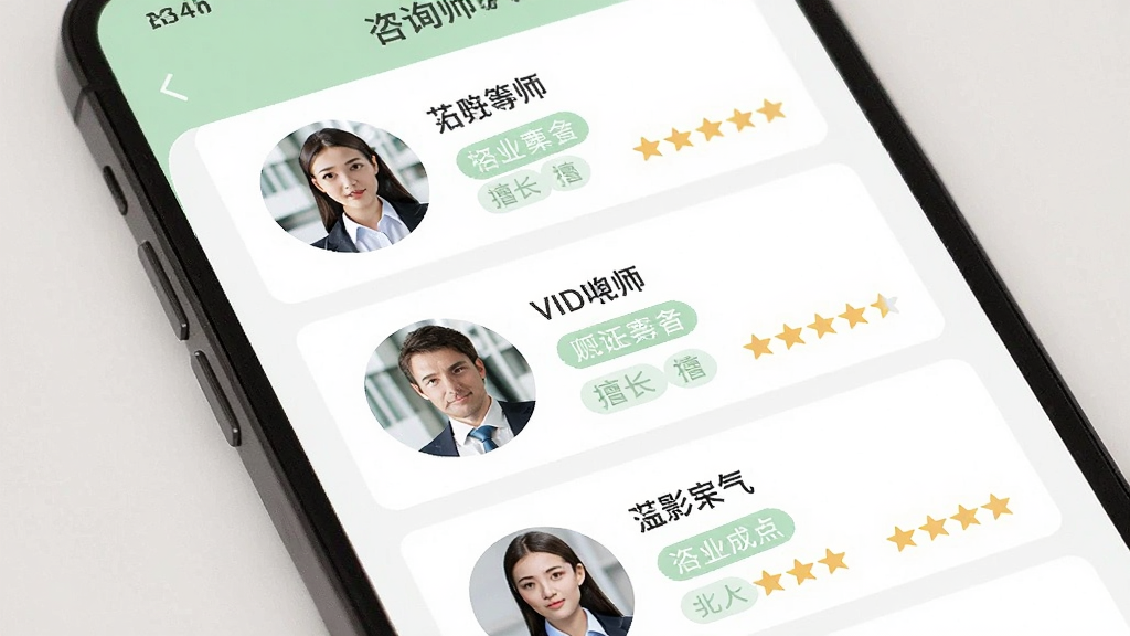 心理咨询APP咨询师列表页面展示,画面为手机屏幕特写,列表中呈现多位咨询师的头像、姓名、擅长标签与评分信息,布局为纵向卡片式排列,风格简洁专业,色调以白色与浅绿色为主,细节清晰,画质干净,无多余元素