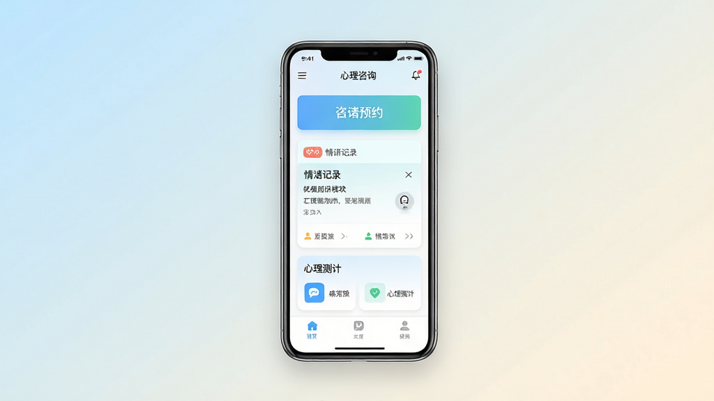 心理咨询应用主界面全貌展示,画面中央放置一部智能手机,屏幕显示心理咨询APP的首页界面,包含咨询预约入口、情绪记录卡片与心理测评模块,整体布局清晰有序,背景为柔和的浅蓝与米白色渐变,风格清新简约,细节上突出界面图标与文字排版,画质高清,画面干净,无多余装饰元素