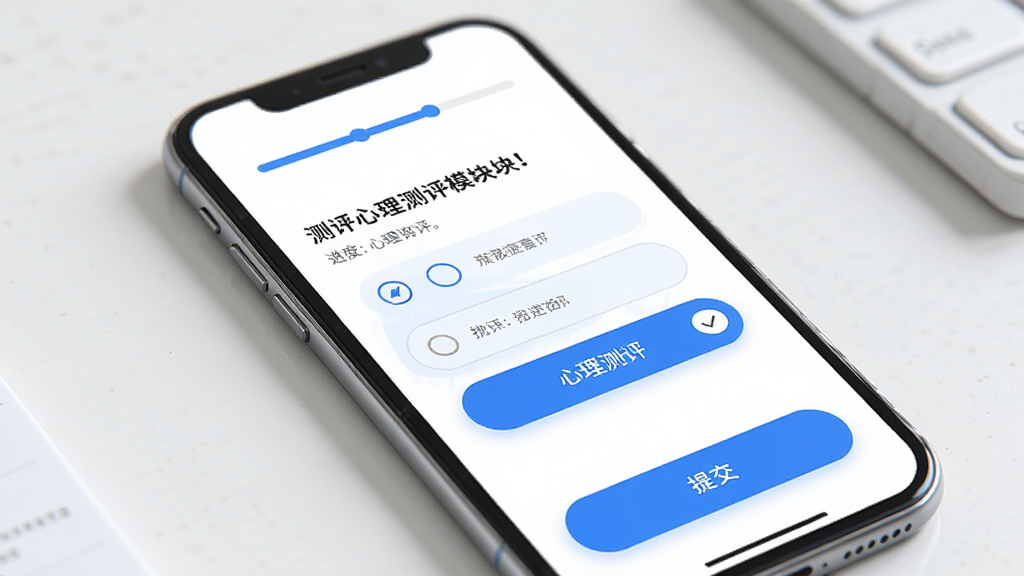 心理咨询APP心理测评模块界面,手机屏幕展示测评问卷题目与选项按钮,页面顶部有进度条显示,底部有提交按钮,风格清爽规整,配色以蓝白为主,细节上突出选项的圆角设计与选中状态,画质高清,画面干净