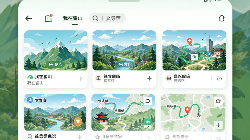 画面展示“我在霍山”应用中的文旅导览页面,主体为景区卡片与地图缩略图组合,布局采用上下滚动式信息流,排版清晰直观,风格明快自然,细节包含山峰插画、路线标记与食宿图标,画质细腻干净,无杂乱元素