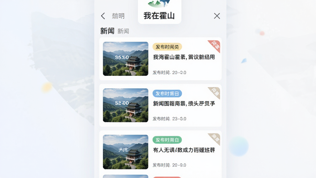 画面中央为“我在霍山”应用资讯列表页,主体为纵向排列的新闻卡片,布局采用左图右文结构,排版整齐有序,风格简约现代,细节包含分类标签、发布时间与阅读量角标,背景为浅色渐变,画质干净清晰,无多余装饰元素