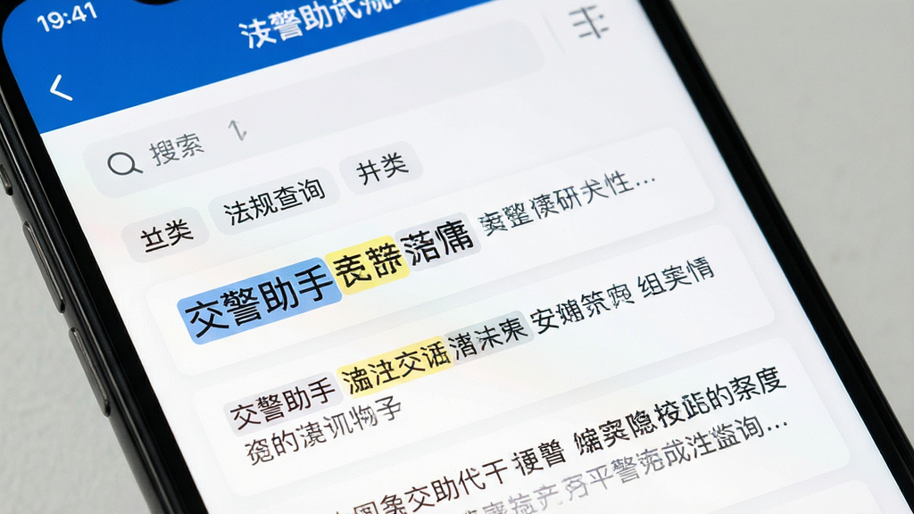 一张手机屏幕特写图,画面中显示交警助手软件的法规查询页面,列表式条目排列整齐,关键词高亮显示,背景为白色卡片式布局,风格为现代简约扁平风,细节包括搜索框、分类标签和条文内容区域,画质清晰,画面干净无杂乱元素
