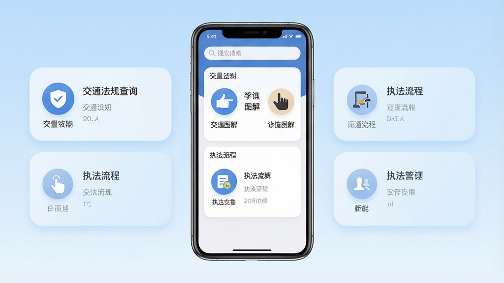 一张手机应用界面展示图,画面中央是一部竖屏智能手机,屏幕内显示交警助手软件的主页面,包含交通法规查询、手势图解、执法流程等模块图标,背景为浅蓝色渐变,布局简洁对称,风格为扁平化UI设计,细节包括圆角卡片、清晰的功能分类标签和顶部搜索栏,画质清晰干净,无多余装饰元素