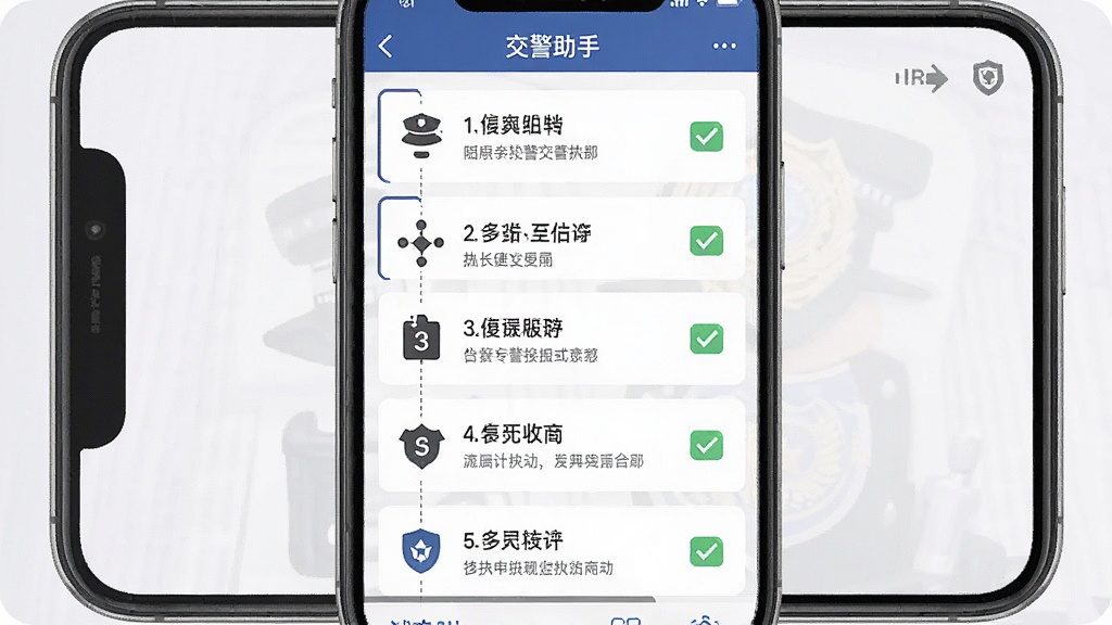 一张手机界面截图风格图,画面显示交警助手软件的执法流程页面,内容以步骤清单形式排列,每一步配有简短说明与状态标记,布局为纵向列表,风格为商务简约风,细节包括步骤序号、流程节点图标和提示文字,画质清晰,画面干净整洁