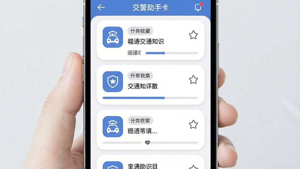 一张手机应用知识卡片页面图,画面中显示交警助手软件的交通知识模块,卡片式内容纵向排列,每张卡片包含图标与简短文字,布局为瀑布流式,风格为柔和圆角设计,细节包括分类标签、收藏按钮和阅读进度条,画质清晰干净,无多余装饰