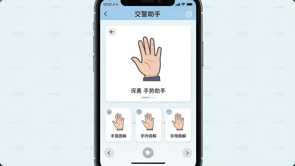 一张手机应用手势学习页面展示图,画面中显示交警助手软件的手势图解模块,屏幕中央为手势动作示意图与文字说明卡片,布局上下结构,风格为清新浅色系,细节包括手势插画、分解步骤标签和翻页指示器,画质清晰干净,无多余元素