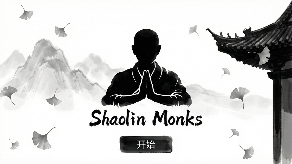 一款轻量级安卓格斗游戏的启动界面,主体为少林武僧双手合十的剪影,布局为居中logo加下方开始按钮,排版简洁留白,风格为水墨中国风,细节包含淡墨晕染的远山、寺庙屋檐轮廓与飘落的银杏叶,画质高清、干净、无多余元素,画面中打文字“Shaolin Monks”