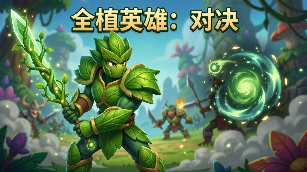 主体为一位身披绿叶铠甲的植物英雄角色,手持发光藤蔓长剑,背景是充满奇幻色彩的植物王国战场,布局上角色位于画面中央偏左,右侧预留技能特效展示空间,排版采用游戏宣传海报式构图,风格为美式卡通渲染与奇幻冒险风结合,细节上突出叶片纹理、光效粒子与战场烟雾,画质高清、干净、无多余元素,画面中打文字“全植英雄:对决”。