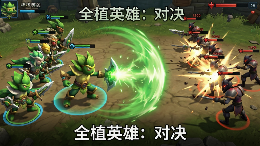 主体为植物英雄在战场中释放技能的瞬间,画面包含绿色能量波与敌方单位受击特效,布局上采用斜视角战场构图,左侧为我方英雄阵列,右侧为敌方阵线,排版突出对战张力,风格为游戏战斗截图风,细节上呈现技能光效、地面纹理与血条UI元素,画质高清、干净、无多余元素,画面中打文字“全植英雄:对决”。