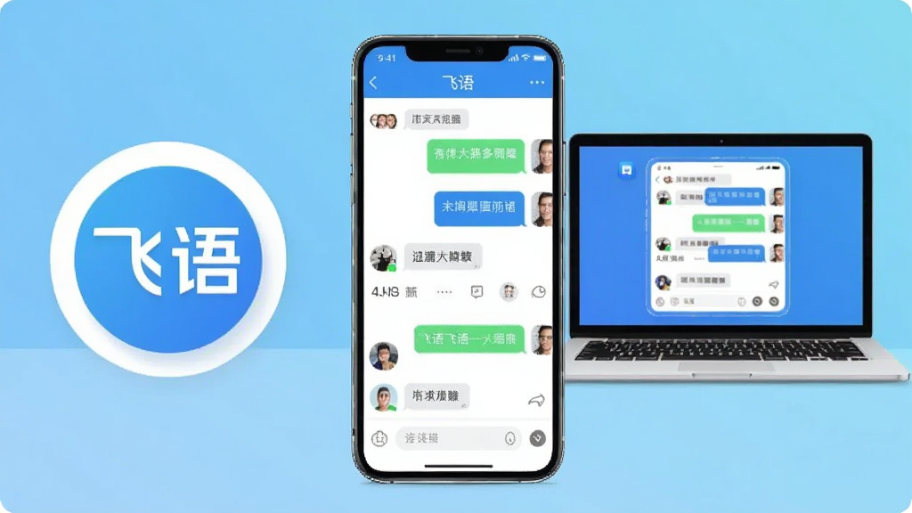 画面中央放置一部智能手机,手机屏幕显示“飞语”聊天界面,界面中有对话气泡与联系人列表,手机左侧悬浮一个圆形图标写着“飞语”,右侧放置一台笔记本电脑屏幕同步显示相同聊天窗口,背景为浅蓝色渐变,整体采用扁平化科技风格,细节干净利落,画质清晰,无多余装饰元素
