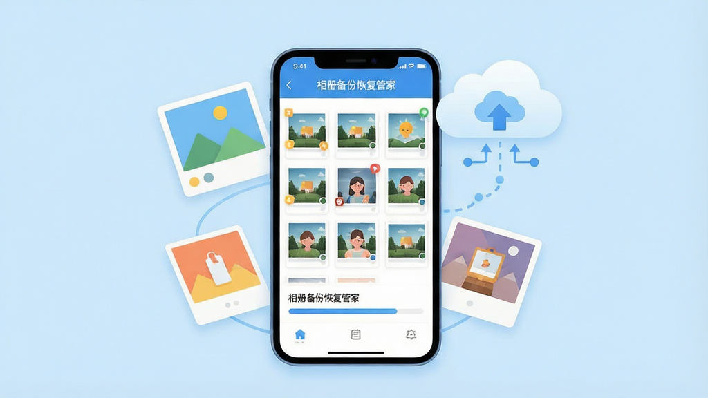 一幅手机应用场景插画,画面中央是一部智能手机,手机屏幕上显示相册备份恢复管家的界面,界面中有照片缩略图网格和备份进度条,手机周围环绕着漂浮的照片卡片和一朵云朵图标,代表云端备份,背景为浅蓝色渐变,整体风格清爽干净,扁平化设计,细节清晰,画质高清,画面中带有