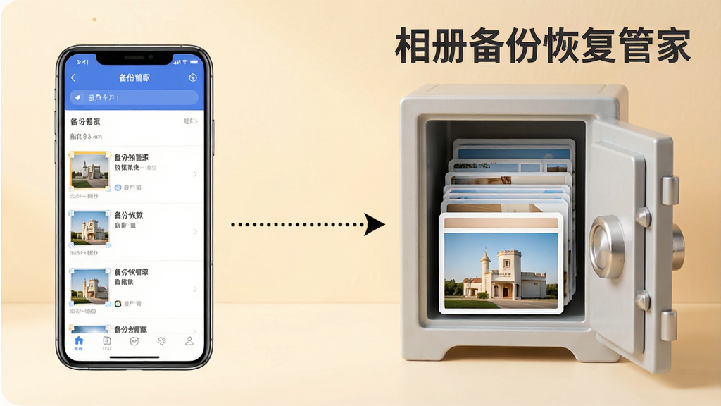 一幅展示手机相册备份过程的画面,画面左侧是一部手机,手机屏幕显示相册备份恢复管家的备份列表界面,右侧是一个打开的保险箱,保险箱内整齐排列着照片卡片,一条虚线箭头从手机指向保险箱,代表备份传输,背景为柔和的暖色调,风格简洁现代,画质高清,画面中带有