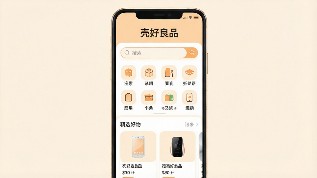 一张手机应用界面展示图,画面中央是一部竖屏安卓手机,屏幕上显示“壳好良品”应用首页,顶部有醒目的应用名称文字“壳好良品”,页面布局为上方搜索框、中部商品分类图标网格、下方精选好物卡片列表,整体配色为暖白与浅橙色搭配,风格清新简洁,细节上图标圆润、文字清晰、留白充足,画质高清,画面干净,无多余元素