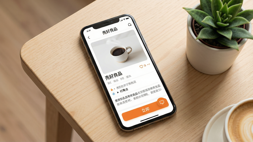 一张手机应用运行场景图,画面中一部竖屏手机放置在浅色桌面上,屏幕显示“壳好良品”应用的商品详情页面,页面中有商品图片区域、信息说明文字与底部操作按钮,手机旁边有一杯咖啡与一盆小绿植作为点缀,整体氛围温馨自然,风格生活化,细节上界面文字清晰、按钮醒目、留白舒适,画质高清,画面干净,无多余元素