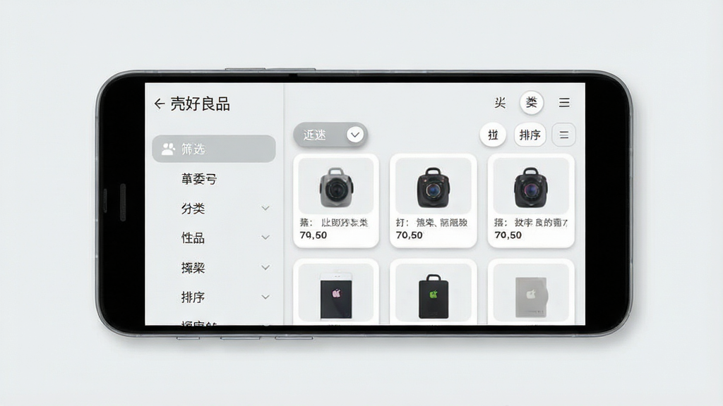 一张手机应用功能展示图,画面主体为一部横向摆放的安卓手机,屏幕上呈现“壳好良品”的分类筛选页面,左侧为分类导航栏,右侧为商品卡片网格,页面中有筛选按钮与排序选项,界面配色为浅灰与白色搭配,风格简约现代,细节上按钮有轻微阴影、卡片圆角统一、文字排版整齐,画质清晰,画面干净,无多余元素