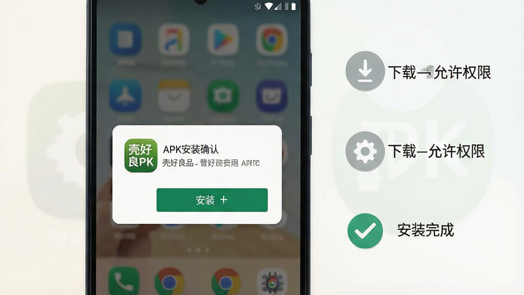 一张手机应用安装流程示意图,画面中一部竖屏安卓手机屏幕显示APK安装确认弹窗,弹窗中有“壳好良品”应用图标与安装按钮,手机背景为浅色桌面,画面右侧以简洁图标形式展示“下载允许权限安装完成”三步流程示意,整体风格教程化、信息图风格,细节上图标清晰、文字标注简洁、配色柔和,画质高清,画面干净,无多余元素