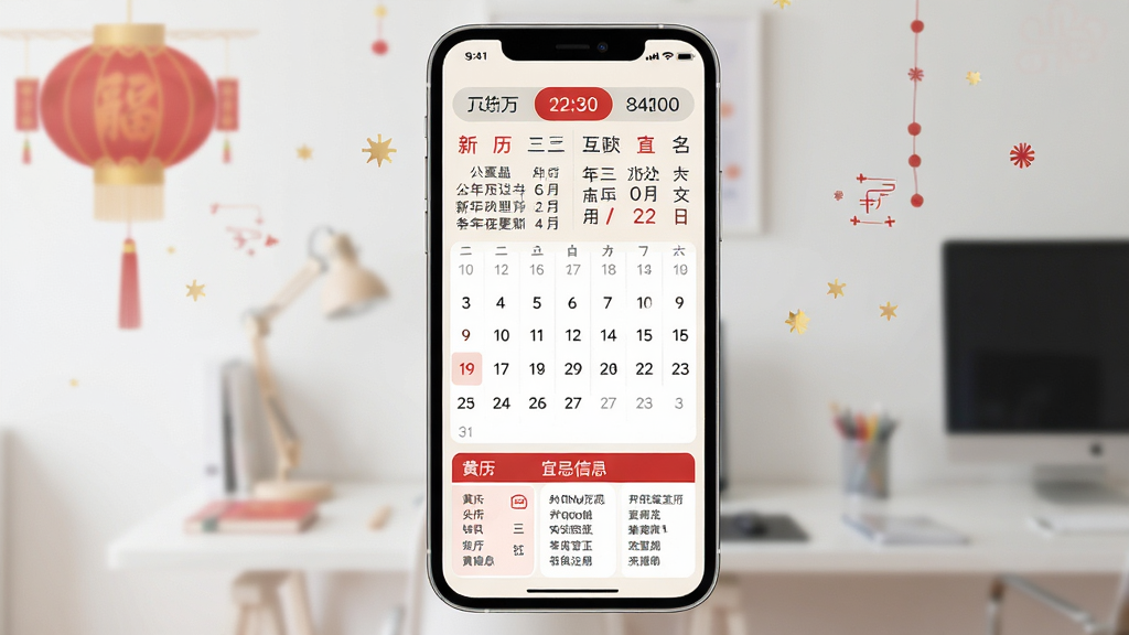 新年万年历软件主界面展示,手机屏幕居中显示公历农历双历视图,顶部为年份月份切换栏,中部为日期网格,底部为黄历宜忌信息卡片,整体布局干净整洁,风格简约现代,浅色背景搭配红色节日标记,细节清晰,画质高清,无多余元素