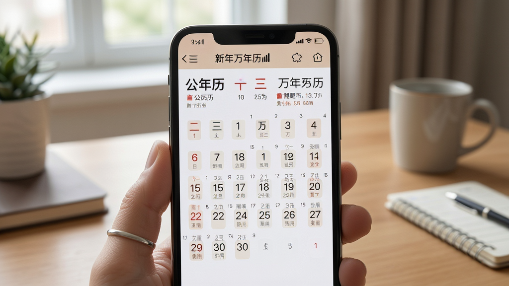 新年万年历离线使用场景展示,手机屏幕显示日历界面,顶部状态栏无网络信号图标,界面内容完整显示公历农历与黄历信息,背景为室内桌面环境,风格写实自然,细节清晰,画质高清,画面干净整洁