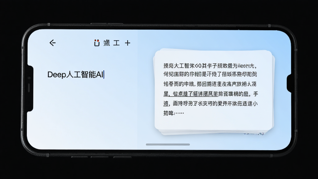 手机屏幕中展示“Deep人工智能AI”的内容生成界面,左侧是简短输入文字,右侧是自动生成的段落文字卡片,卡片边缘带有柔和阴影,背景为浅蓝色渐变,整体排版整齐,风格清新,画质清晰,画面无杂乱元素