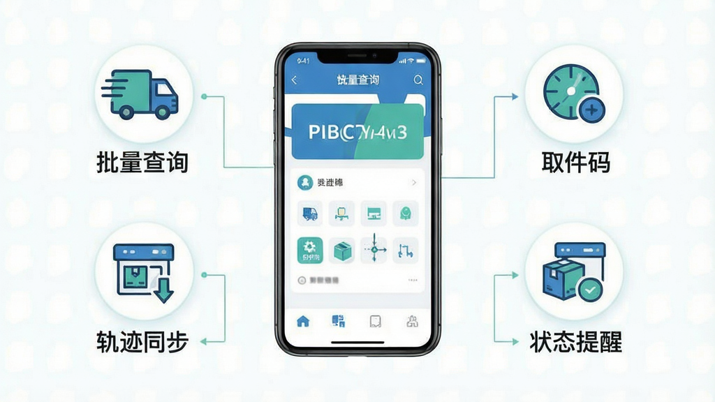 主体为快递取件物流查询软件的功能亮点展示图,画面中央为手机界面,四周以图标形式呈现批量查询、取件码、轨迹同步、状态提醒四大功能;布局为手机居中、功能图标环绕分布、底部留白;排版为信息图风格;风格为简约商务扁平插画;细节为图标线条统一、配色以蓝绿为主、界面元素清晰可辨;画质为高清、画面干净、无多余元素