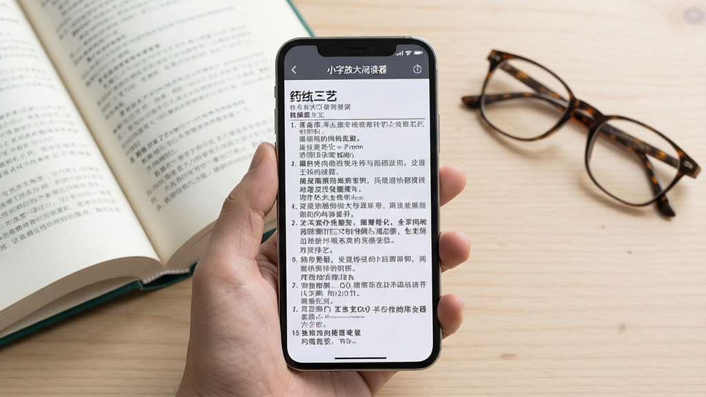 画面中央一部智能手机竖屏握持,屏幕上显示「小字放大阅读器」应用界面,界面内是一张放大的药品说明书文字区域,文字清晰锐利,手机周围摆放着一本翻开的书籍和一副老花镜,背景为浅木色桌面,整体风格写实清新,光线柔和自然,画质清晰干净,无多余装饰元素
