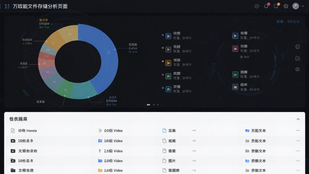 主体为万能文件存储分析页面,布局为环形图表加文件列表,排版上图为占比下图清单,风格为数据可视化深色科技风,细节包含不同颜色区块对应文档、视频、图片类别,画质清晰,画面干净,无多余元素