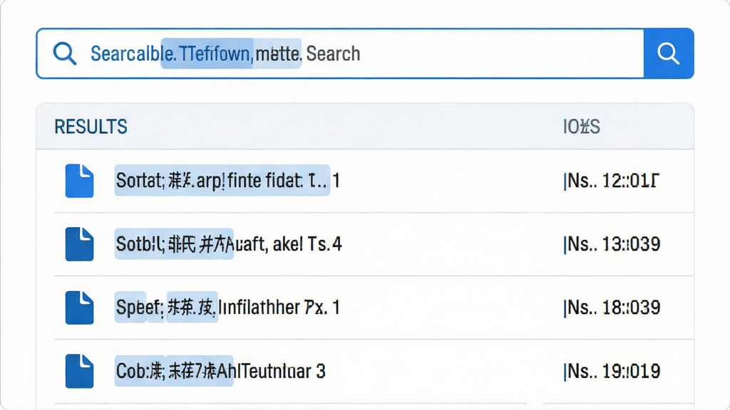 主体为万能文件搜索界面,布局为顶部搜索框加下方结果列表,排版为纵向列表结构,风格为清爽白底蓝字,细节包含搜索关键词高亮与文件类型图标,画质高清,画面干净,无多余元素