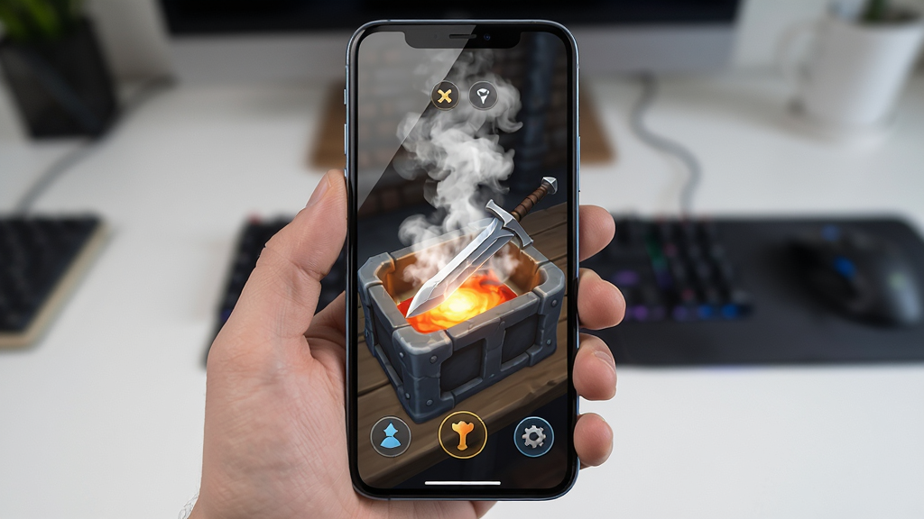 ��������Ϊһ�������ֻ���Ļ����Ļ����ʾ����ģ������ʦ����Ϸ���棬һ�Ѱ��Ʒ�����ڴ�����ð����̣����ֲ����ֳ��ֻ��ĵ�һ�˳��ӽǣ�����Ϊģ���������������Ű����ֻ����У���Ļ�������������Ϊ�����Ʒչʾ�磬ϸ�ڰ����ֻ��߿���Ļ���⡢��ϷUI��ť�������Ч�������������ɾ����࣬�޶���Ԫ�ء�