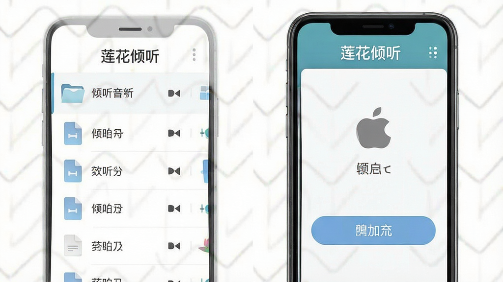 一张莲花倾听软件本地音频导入界面的示意图,手机屏幕显示文件列表与导入按钮,界面中带有“莲花倾听”标识,布局清晰,风格简约实用,细节干净,画质清晰,无多余元素