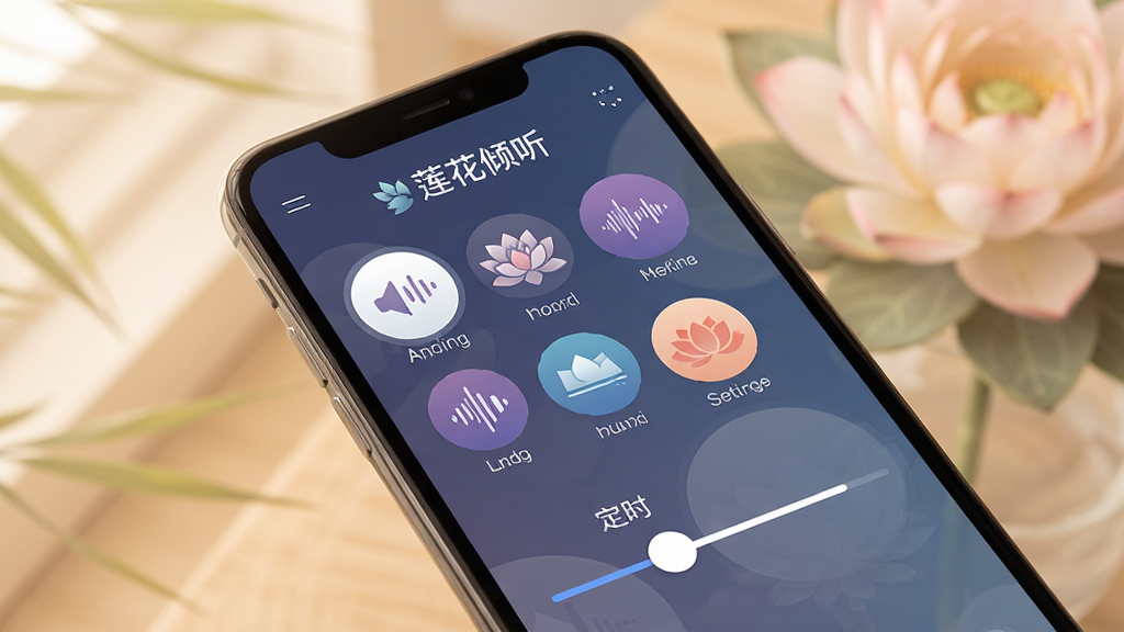 一张莲花倾听软件助眠音效界面的展示图,手机屏幕显示多种白噪音图标与定时设置滑块,界面带有“莲花倾听”名称,背景柔和,风格温馨安静,布局整齐,画质清晰,无多余元素