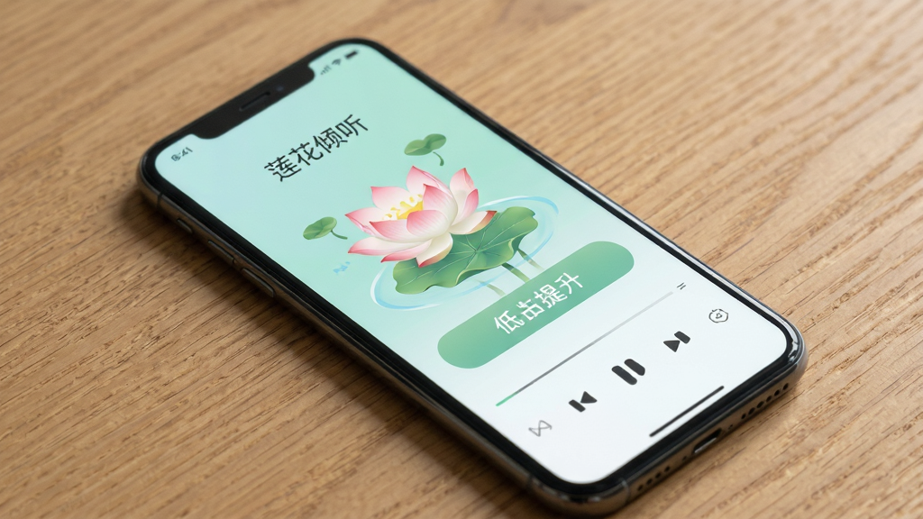 一张莲花倾听软件运行状态示意图,手机屏幕显示播放界面与低占用提示,界面标注“莲花倾听”,风格清爽轻量,布局简明,画质干净清晰,无多余元素