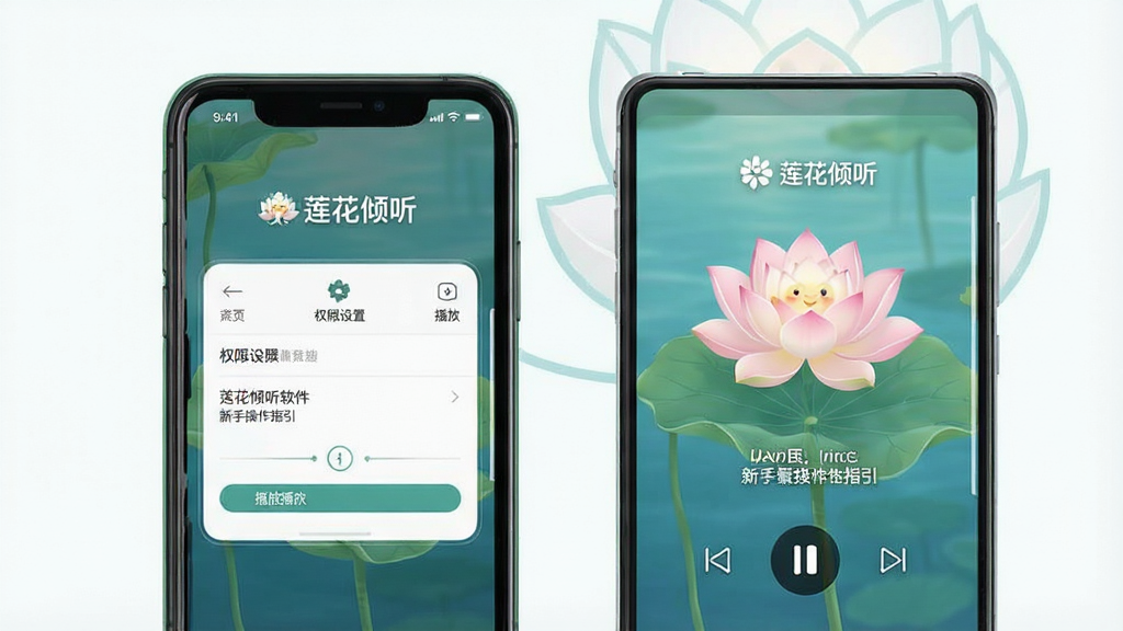 一张莲花倾听软件新手操作指引示意图,手机屏幕显示权限设置与播放界面,画面中带有“莲花倾听”标识,风格简洁明快,布局清晰,细节干净,画质清晰,无多余元素