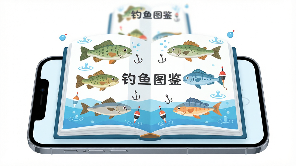 画面主体为一本展开的虚拟钓鱼图鉴书册悬浮在手机屏幕上方,书页中跃出多种卡通淡水鱼与海鱼图案,布局采用居中对称构图,手机与书册上下呼应,排版留白充足,风格为清新扁平插画风,细节处加入水波纹、鱼钩、浮标等小元素点缀,画质清晰干净,画面中带文字“钓鱼图鉴”,无多余装饰元素