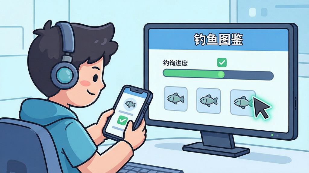 画面主体为一位卡通玩家坐在屏幕前手持手机查阅图鉴,屏幕中显示钓鱼进度条与鱼类图标,布局为人物居左、界面居右的对比构图,排版疏密有致,风格为轻科技插画风,细节加入进度条、勾选标记与鱼形光标,画质清晰干净,画面中带文字“钓鱼图鉴”,无多余元素