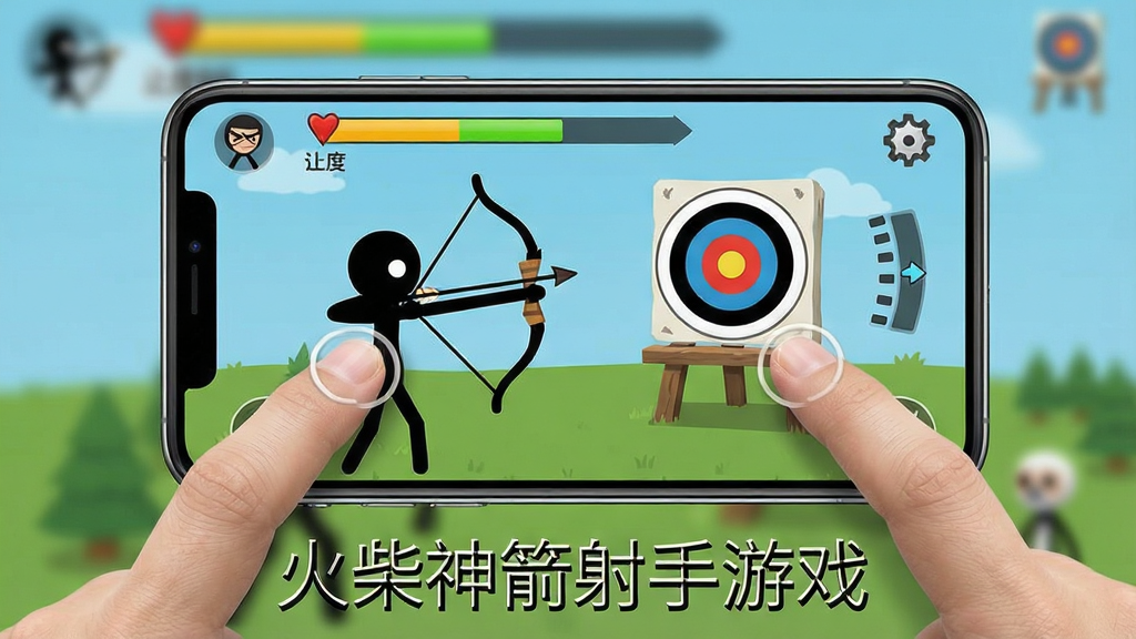 一张手机操作示意图,画面为手持手机横屏玩火柴人射箭游戏的场景,屏幕中显示火柴人拉弓瞄准靶心,界面有力度条和角度指示,风格简洁写实,布局为手机居中、背景虚化,细节包含手指触控动作和游戏UI元素,画质清晰干净,无多余元素,图片下方写有“火柴神箭射手游戏”