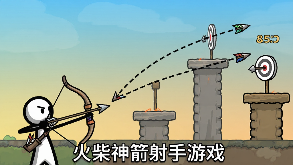 一张游戏战斗场景图,画面中火柴人射手位于左下角,前方有多个高低错落的平台和移动靶,箭矢飞行轨迹用虚线标示,背景为渐变天空色,风格简洁卡通,细节包含弓弦、箭头、得分数字,画质干净清晰,图片下方写有“火柴神箭射手游戏”