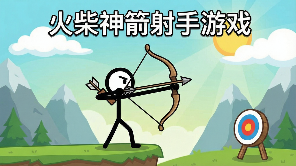 一张手机游戏宣传图,画面中央是火柴人弓箭手站在高处拉弓瞄准,背景为简洁的卡通山谷场景,天空有云朵和阳光,整体风格清爽明快,构图主体突出,排版居中,细节包含弓箭、火柴人轮廓、目标靶子等元素,画质清晰干净,无多余元素,图片上方写有“火柴神箭射手游戏”字样