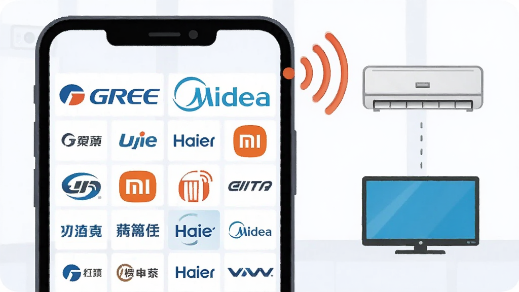 一部手机屏幕中展示出密集排列的品牌Logo墙,格力、美的、海尔、小米、创维等品牌标识以网格形式呈现,手机旁边有一支红外信号波纹从手机顶部发射出去,连接到一个空调和一个电视的图标上,背景简洁明亮,风格扁平化科技插画,画质清晰,干净无多余元素