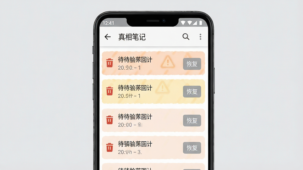 画面主体是一部安卓手机显示“真相笔记”回收站界面,界面中列出多条待删除笔记并带有恢复按钮,布局为手机居中、背景为简洁浅灰,排版突出回收站列表与操作按钮,风格为实用工具说明风,细节包括清晰的删除图标、柔和的警示色块、简洁的文字层级,画质高清、干净、无多余元素