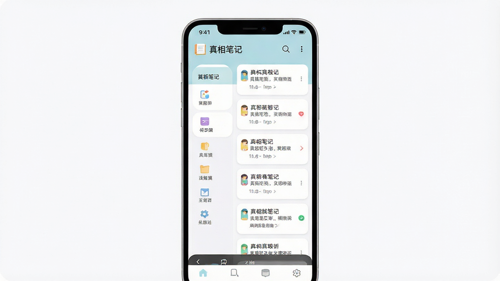 画面主体是一部竖屏安卓手机,屏幕中央展示“真相笔记”应用主界面,左侧为分类标签栏,右侧为笔记列表,布局采用上下分层加左右分栏的清晰结构,排版以手机居中、背景留白为主,风格为干净现代的扁平化UI展示风,细节包括柔和的浅色背景、圆角卡片、清晰的文字层级与简洁图标,画质高清、干净、无多余元素