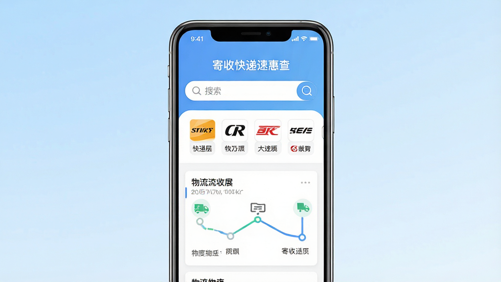 一张手机界面展示快递查询应用的主页,画面中央是手机屏幕,屏幕上显示