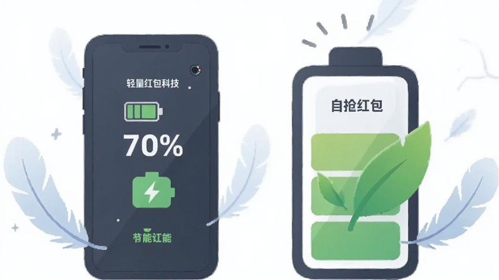 一幅表现轻量省电概念的插画,主体是一部手机与一块电池图标并排展示,电池图标上带有绿色叶片符号,布局为左右对称构图,风格为简约矢量插画,细节包括电量百分比、节能标识和轻量化的羽毛元素,画质柔和干净,画面中可加入文字“自抢红包科技”作为品牌标注