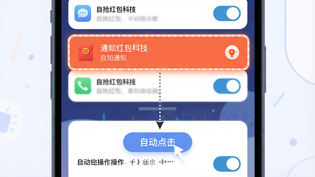 一幅表现通知监听机制的示意图,主体是一部手机屏幕顶部弹出多条通知横幅,其中红包通知被高亮标记,一条虚线箭头从通知栏延伸至屏幕中央的自动点击按钮,布局为上下分层结构,上方是通知栏特写、下方是自动化操作面板,风格为扁平化科技插画,细节包括通知图标、红包符号和开关按钮,画质清晰明亮,画面干净整洁,可标注文字“自抢红包科技”