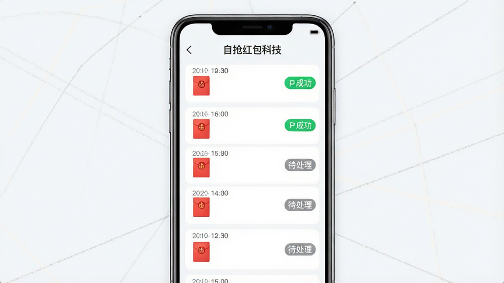 一张数据记录面板的界面示意图,画面中央是手机屏幕上的列表式记录页面,每条记录包含时间戳、红包图标和状态标签,布局为纵向列表排列,风格为清爽的浅色UI设计,细节上突出绿色成功标记与灰色待处理标记的对比,画质干净利落,屏幕上方可显示文字“自抢红包科技”