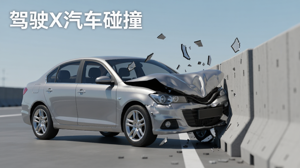 画面中央是一辆银色轿车正撞向混凝土隔离墙的瞬间,车身前部明显凹陷变形,碎片向四周飞散,背景为简洁的灰色测试场地面与浅蓝色天空,画面左上角用白色粗体字写着